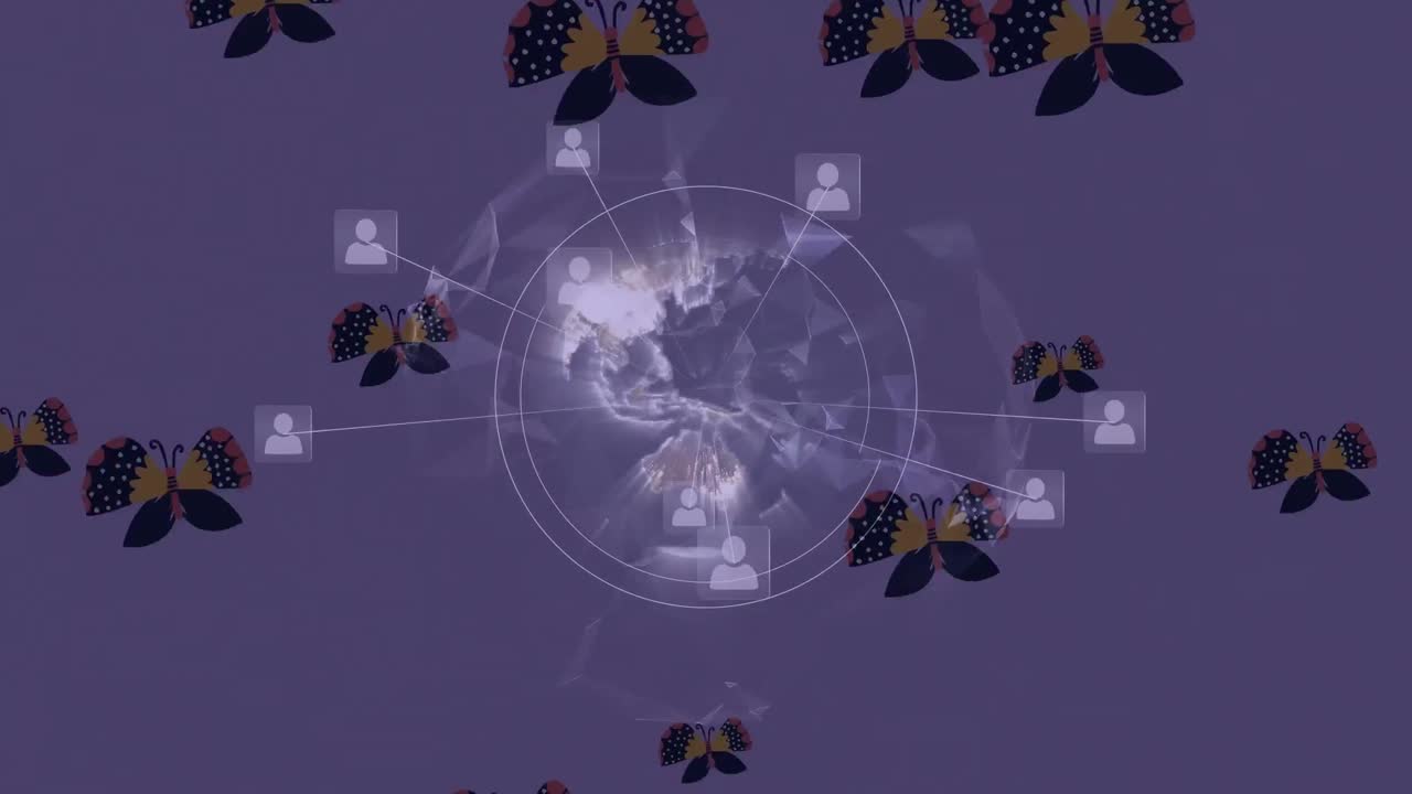 animación del globo con una red de conexiones sobre mariposas sobre fondo púrpura
