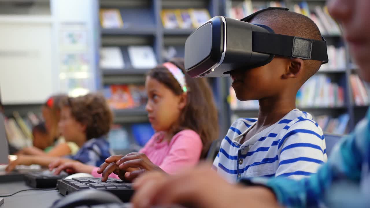 Side view of Caucasian schoolboy using virtual reality headset in the classroom 4k
