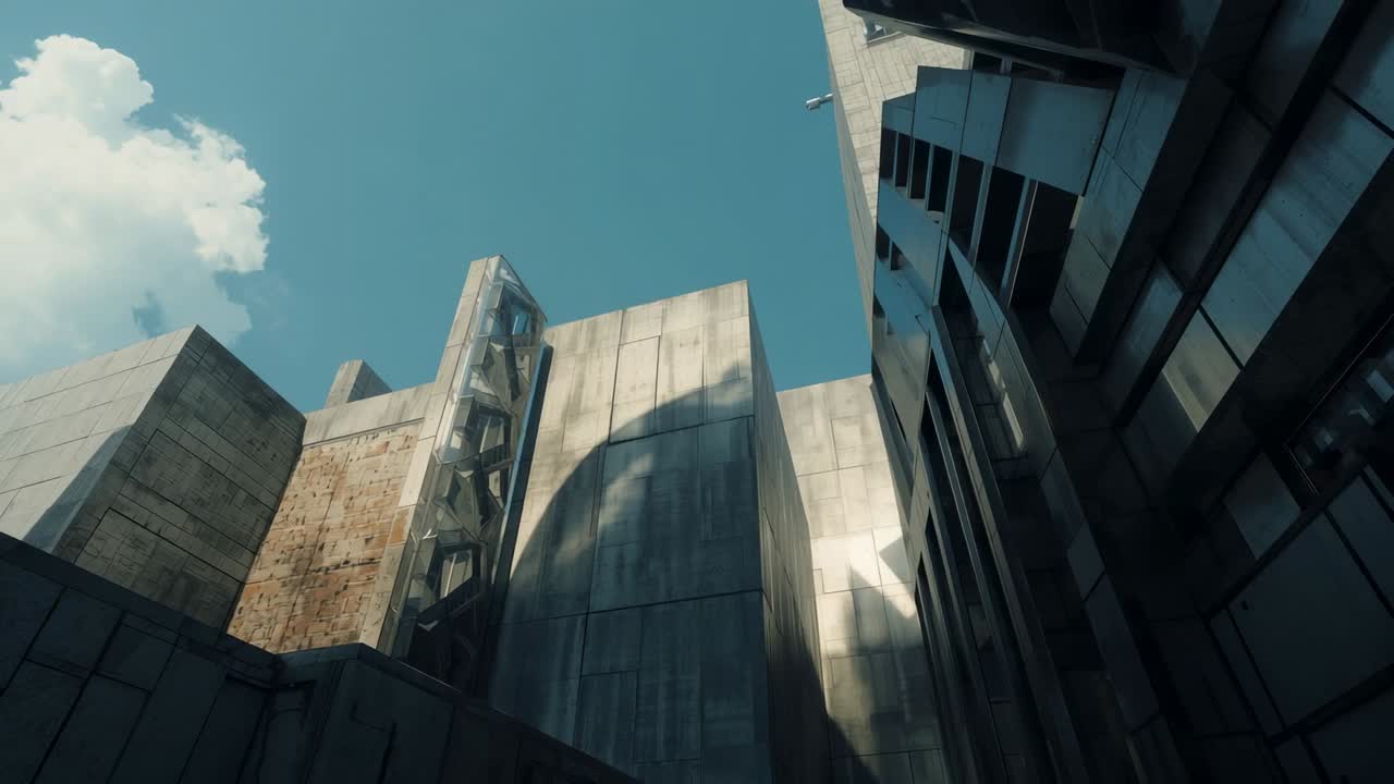 Sunlight casting shadows crossing high-rise building cluster in urban canyon, with drifting cloud