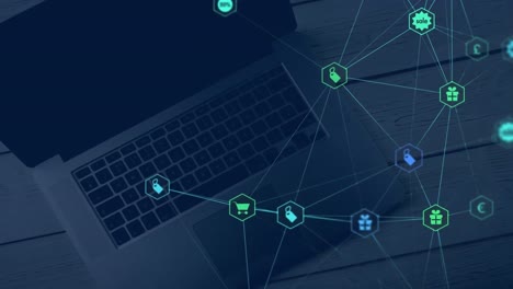 animación del globo con red de conexiones con iconos digitales y computadora portátil