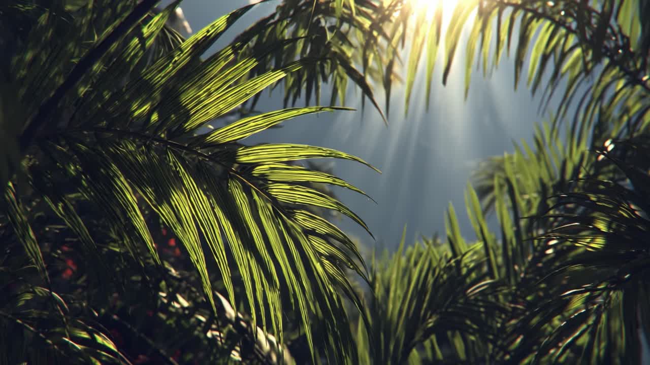 Esplorando la Lussureggiante Volta: Una Vista di Fogliame Tropicale Illuminato dalla Luce Solare che Filtra Attraverso le Foglie Verdi in un Ambiente di Giungla Densa