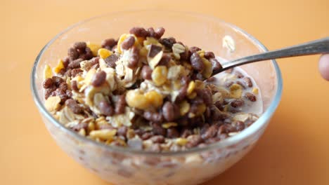 detalle de la toma de granola musli en un tazón