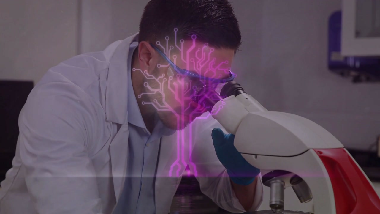 Scientist peering into scope, gloved, starting magenta brain holo over face, analyzing sample