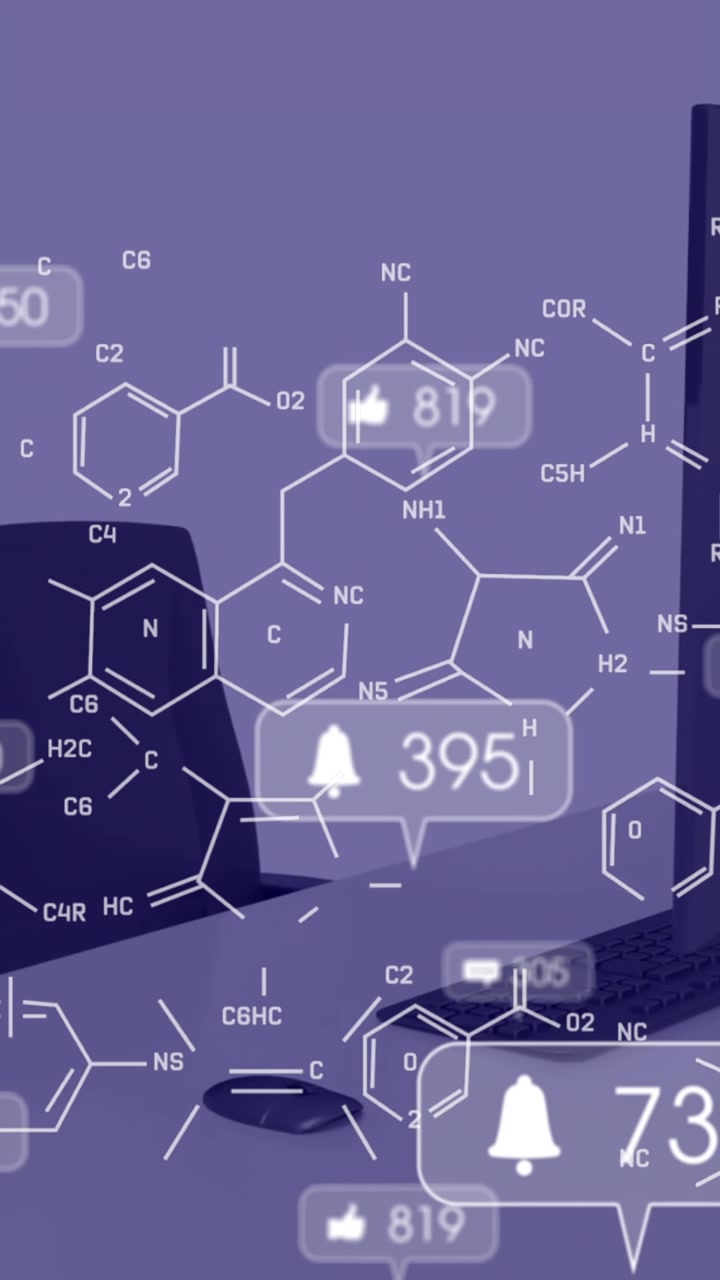 Animation of social media icons with numbers and chemical formula over desk with computer