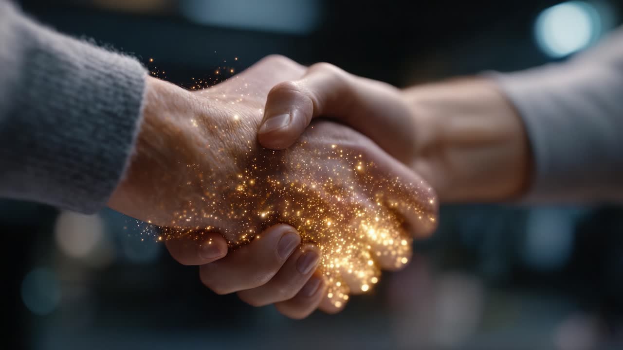 A Magical Handshake - The Symbol of Connection, Trust, and Collaboration with Glowing Particles Illuminating the Moment of Unity and Agreement Between Two Individuals