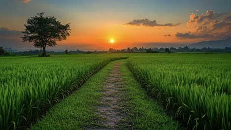 sun setting over lush green rice fields. a tranquil landscape features a winding path through vibrant rice fields, illuminated by a beautiful sunset glow.