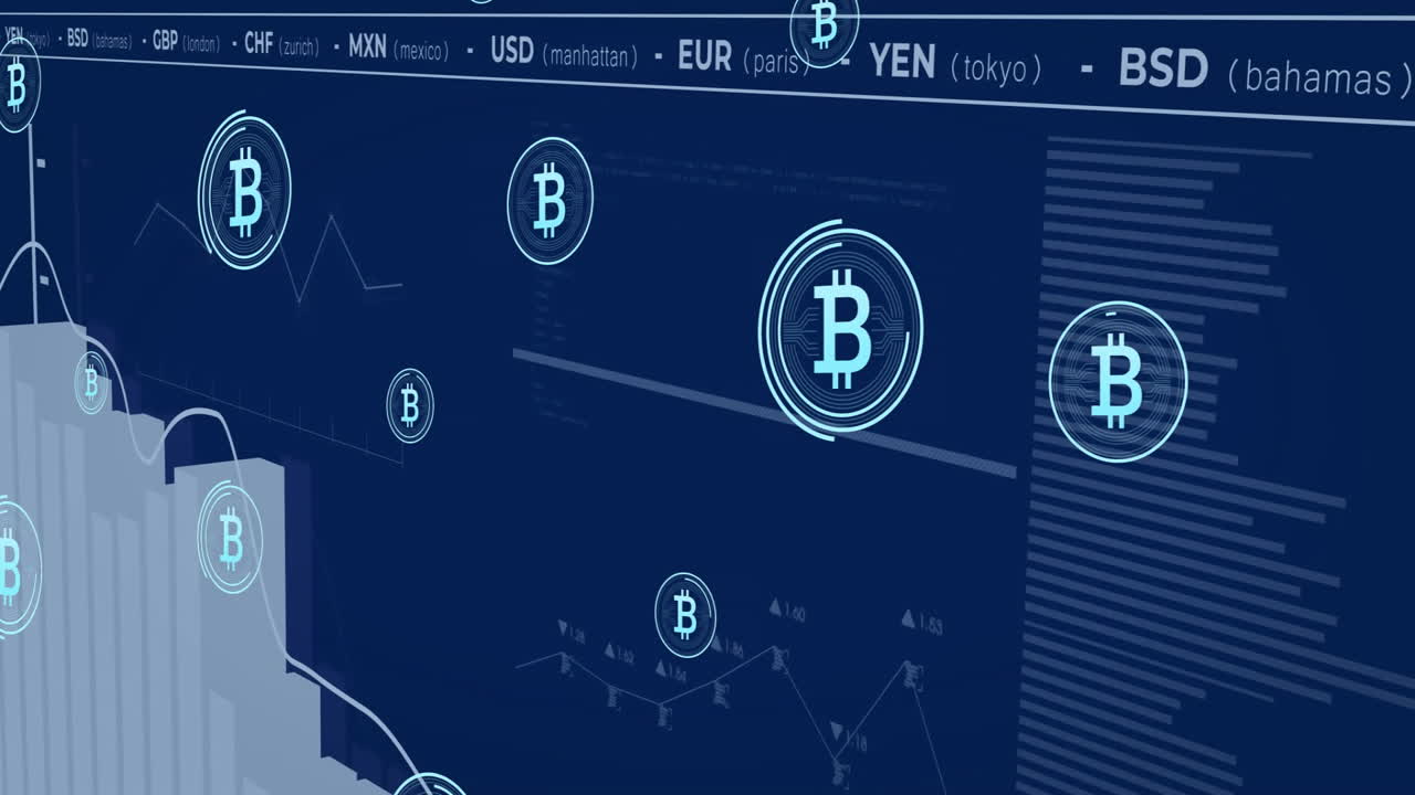 Animation of Bitcoin symbols floating over digital financial data in school setting