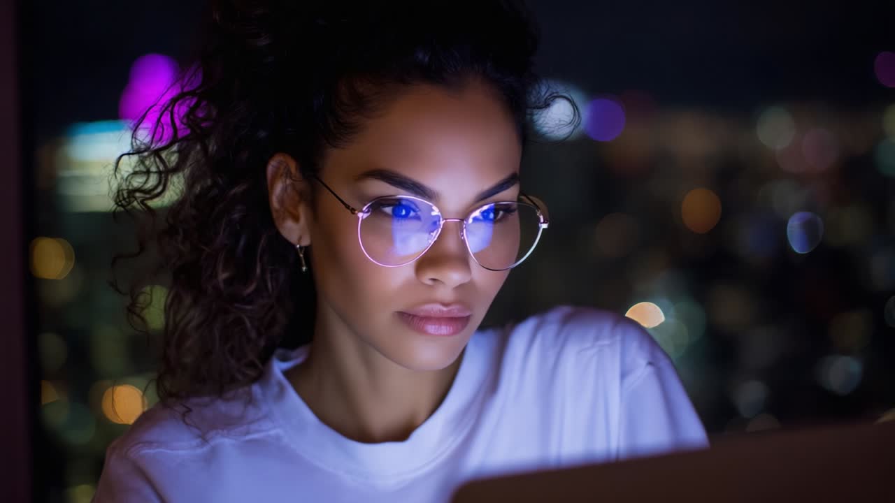 Focused Individual Using a Laptop at Night with Bokeh City Lights Background: The Glow of Technology and the Intensity of Concentration Captured in a Calm and Modern Setting