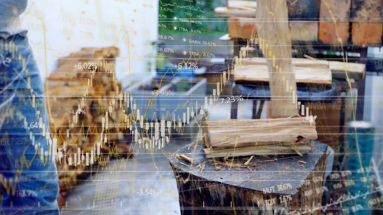 Mann packt Holzhammer und hebt ihn über Kopf, um einen Holzscheit zu spalten, während schwebende Finanzdiagramme eingeblendet werden.