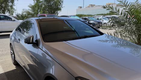 4k side view of a silver luxury car parked in sunlight with palm shadows on the hood. perfect for automotive ads, luxury lifestyle, and car dealership visuals.