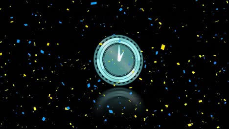 Animation-of-clock-with-fast-moving-hands-and-confetti-falling-on-black-background