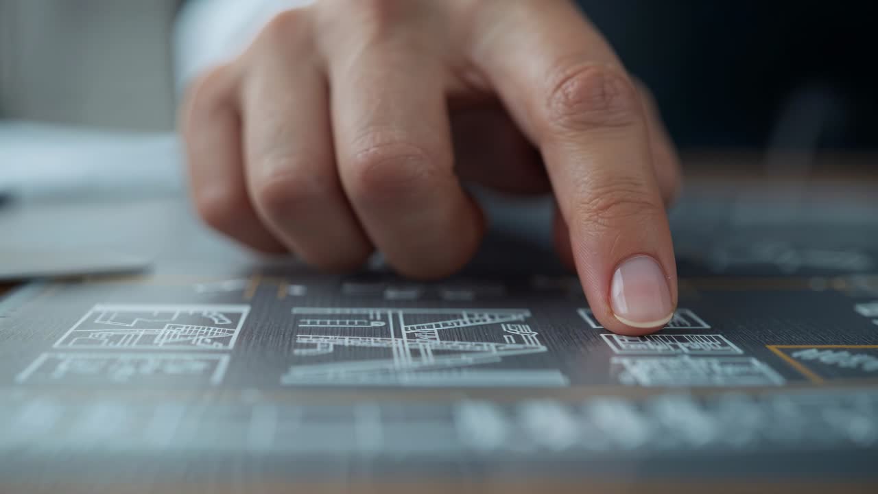 Vertical video: Index finger nearing central thumbnail tapping sliding selecting plan for design