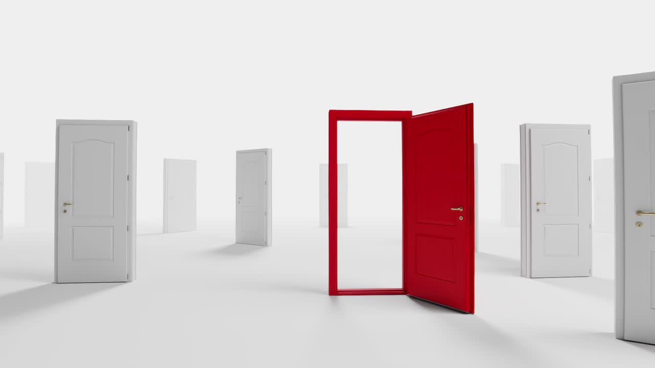 Red Door Opening Among Many White Doors