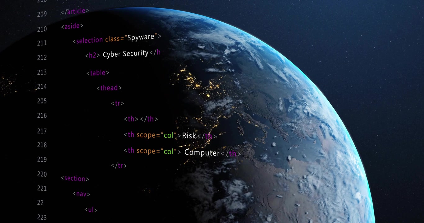 Rotating Earth causing HTML overlay updating table headings, nav links creating cybersecurity menu