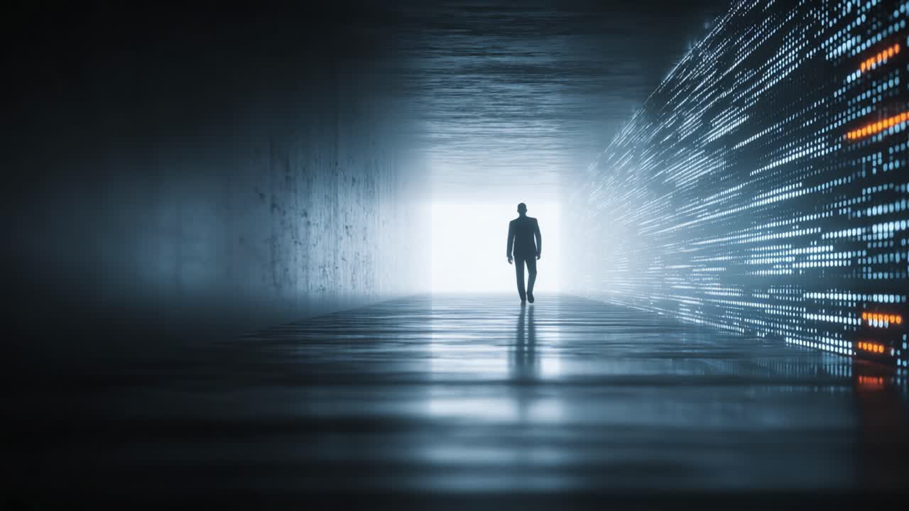 A solitary figure walks towards a luminous exit in a modern, abstract corridor illuminated by vibrant digital patterns, symbolizing exploration and possibility