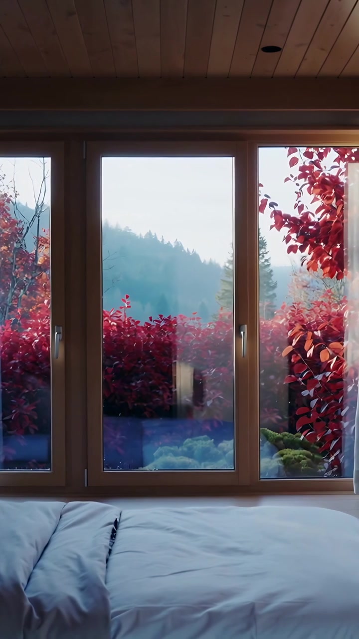 Vertical video: Framing 3-pane wooden window, breeze shifting curtains, haze clearing over hills