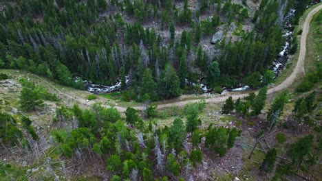 drone view of a winding road cutting through lush green forests in a mountainous area