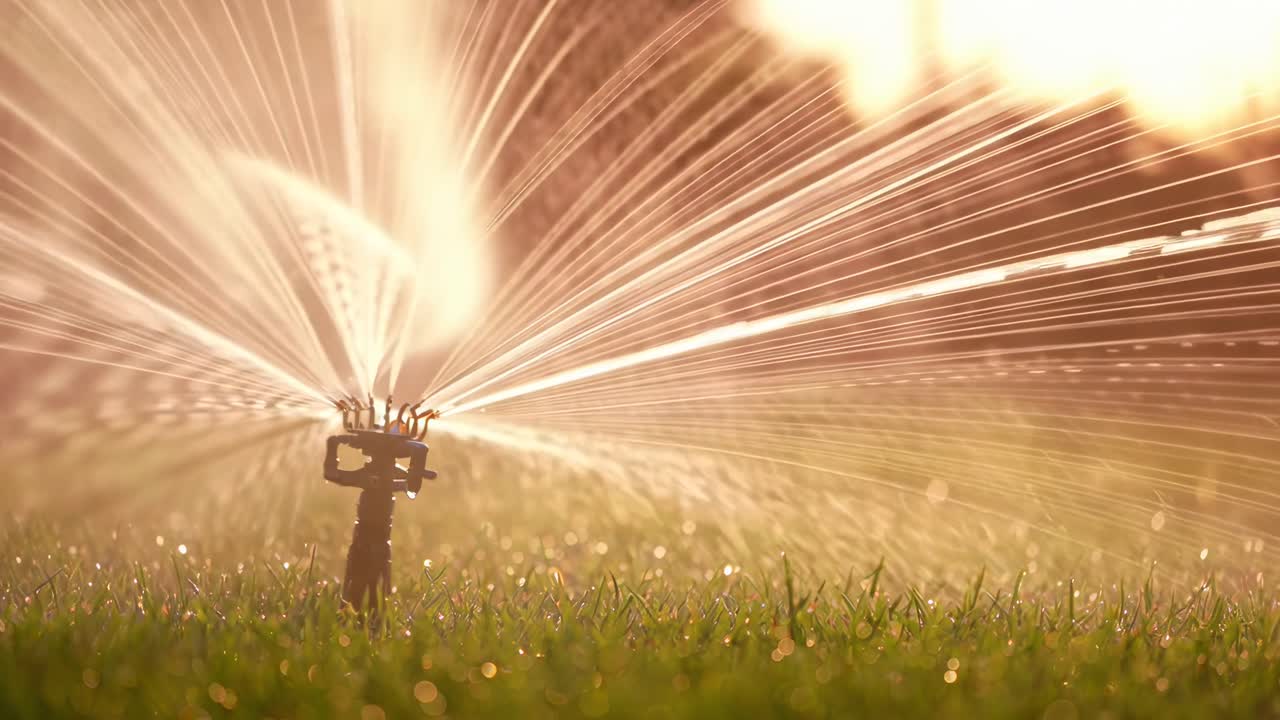 Video con angolazione bassa di un irrigatore da giardino che spruzza acqua, catturando la luce del sole e le goccioline.