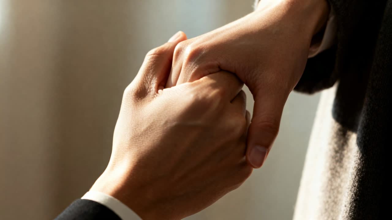 保持を開始する、自宅でスーツを着た男性が白い袖口をのぞかせ、もう一方の手を支えとして包み込み、握りしめている様子。