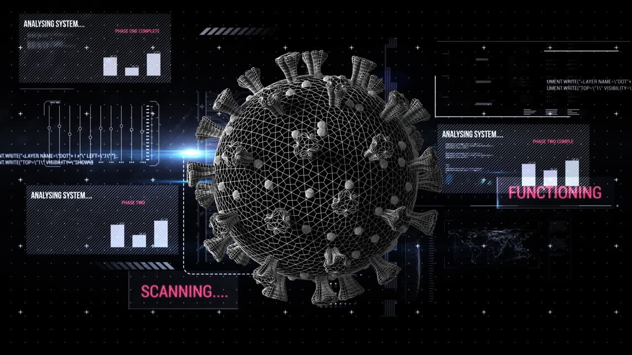 회전하는 코로나19 셀과 블루 라이트 스을 통해 데이터 처리를 하는 인터페이스의 애니메이션