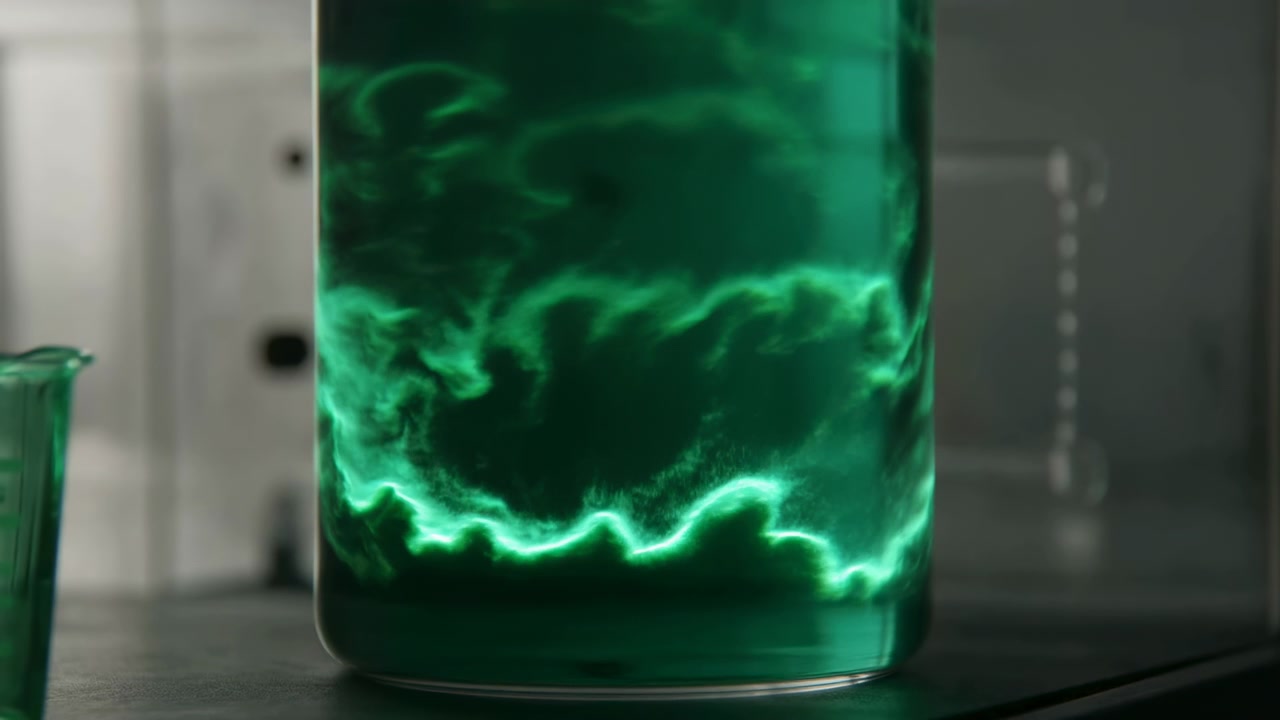 Close view of tall cylindrical glass container filled with deep emerald-green liquid in active mixing, showing bright glowing eddies, curling wisps, dissolving cloud forms, reflective rim detail