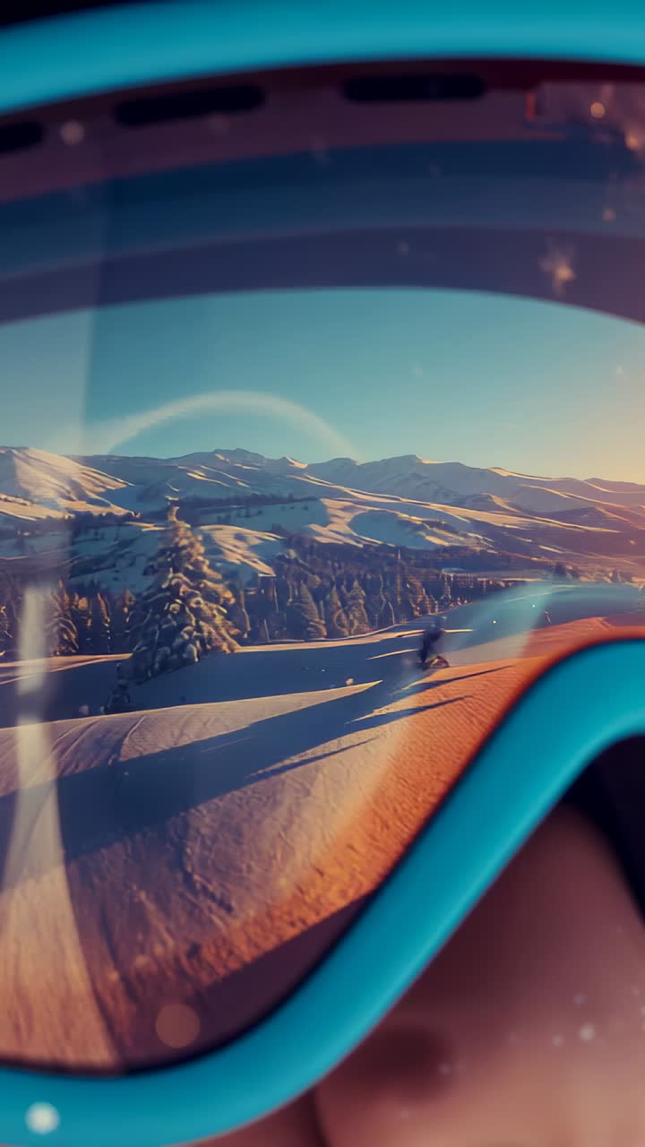 Vídeo vertical: esquiador con gafas protectoras descendiendo por una pista preparada tras inclinarse hacia delante, con la nieve arremolinándose
