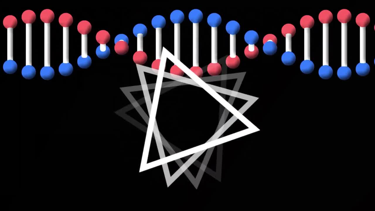 다중 움직이는 삼각형 위에 있는 dna 가닥의 애니메이션