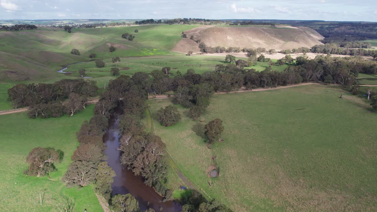 Aerial view over the Glenelg River, south of Casterton, western Victoria, Australia. June 2023.