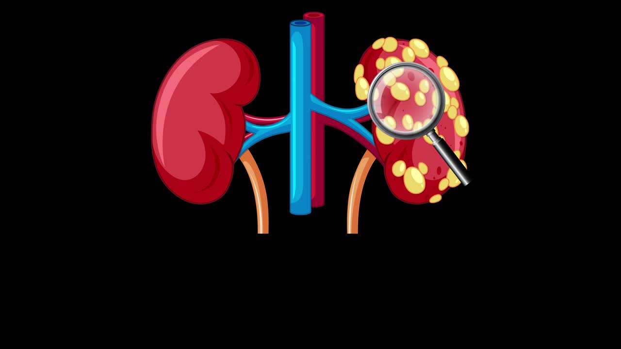 Vector animation shows kidney cancer progression from healthy cells to tumor formation on black