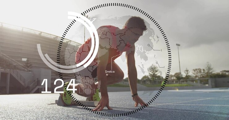 Superposición HUD deportiva desvaneciendo el temporizador de inicio, mapa giratorio mientras un atleta de pista se inclina señalando el inicio