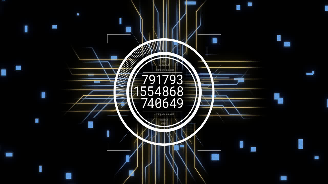 números y líneas con circuitos brillantes, animación de procesamiento de datos