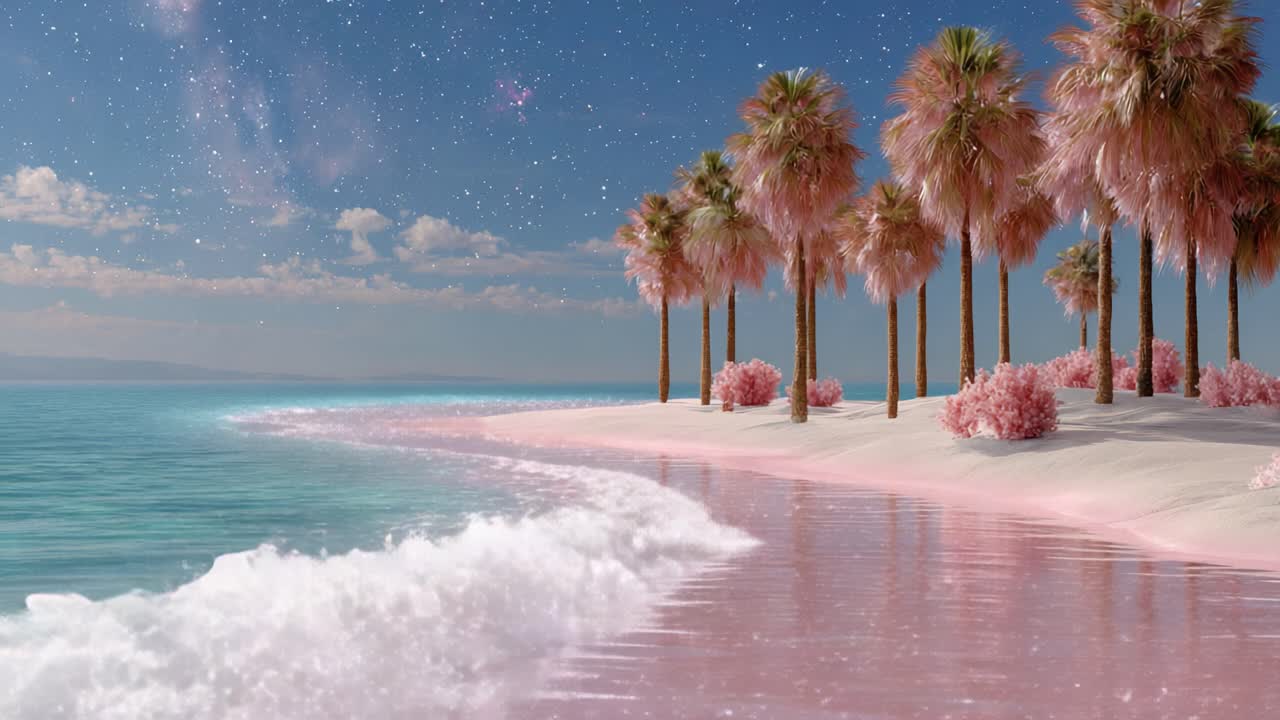A Serene Coastal Landscape with Lush Pink Palm Trees and Sparkling Waters Under a Starlit Sky, Inviting Tranquility and Natural Beauty