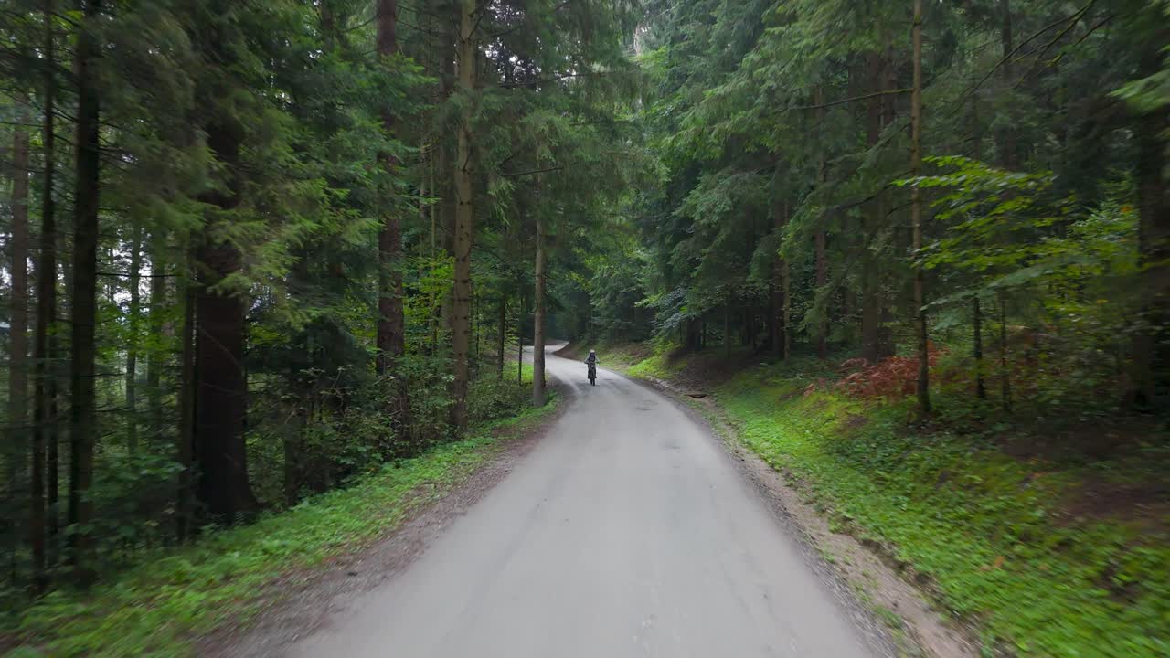 Woman riding e-bike along wide forest path surrounded by green trees and summer sunlight, frontal tracking