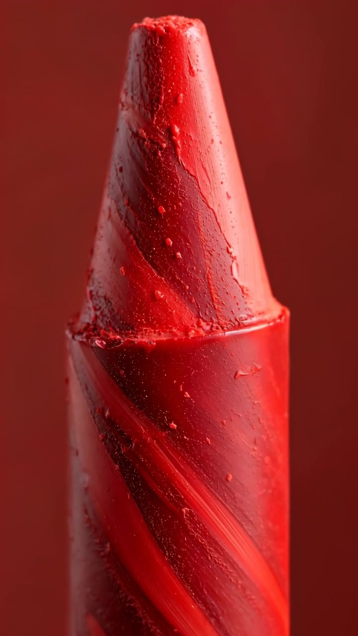 Close macro view gradually widens around vivid red crayon, showing rough wax crumbs, carved diagonal grooves, bright highlights, and shallow shadowing on a uniform red backdrop.