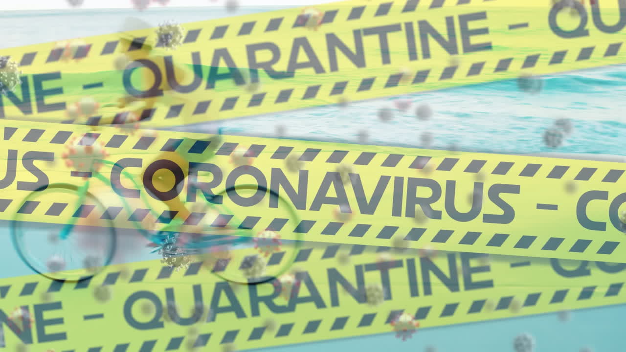 팬데 컨셉에서 자전거를 타는 여성에 대한 애니메이션 경찰 테이프와 covid-19 셀.