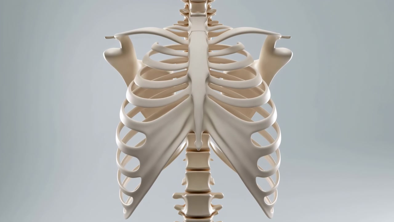 Front view of a human skeleton torso with rib cage and spine isolated on a light gray background under soft studio lighting