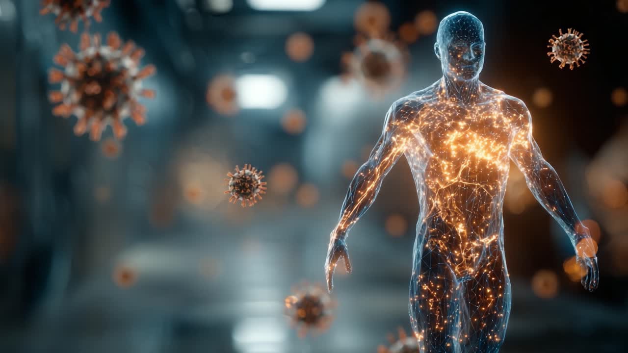 A Visual Representation of the Human Body's Defense Mechanisms Against Pathogens, Highlighting the Interaction of Viruses and the Immune System