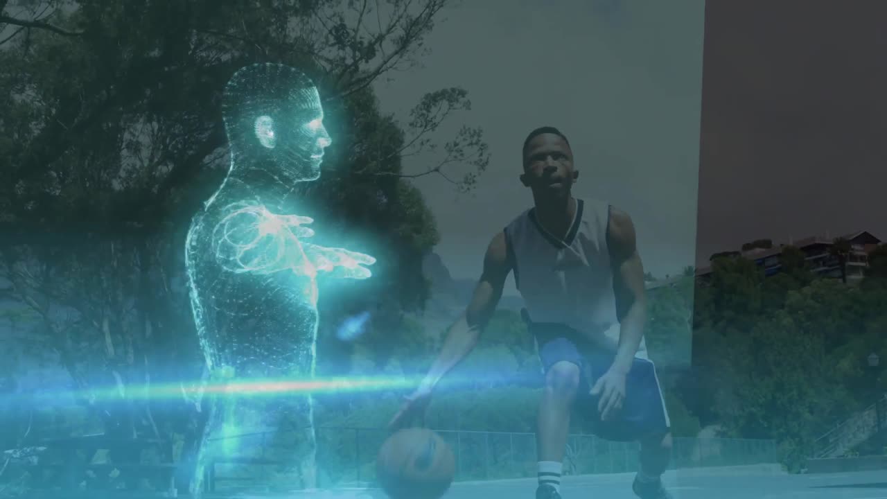 animación de procesamiento de datos y humano 3d modelo brillante giratorio