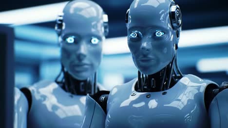 futuristic robots analyzing data in a high-tech environment: exploring advanced ai capabilities and the future of robotics through dynamic human-machine interaction