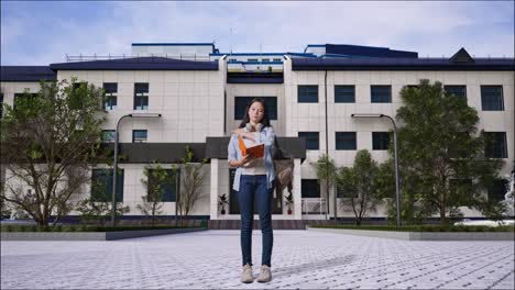 niña adolescente leyendo junto al edificio de la escuela