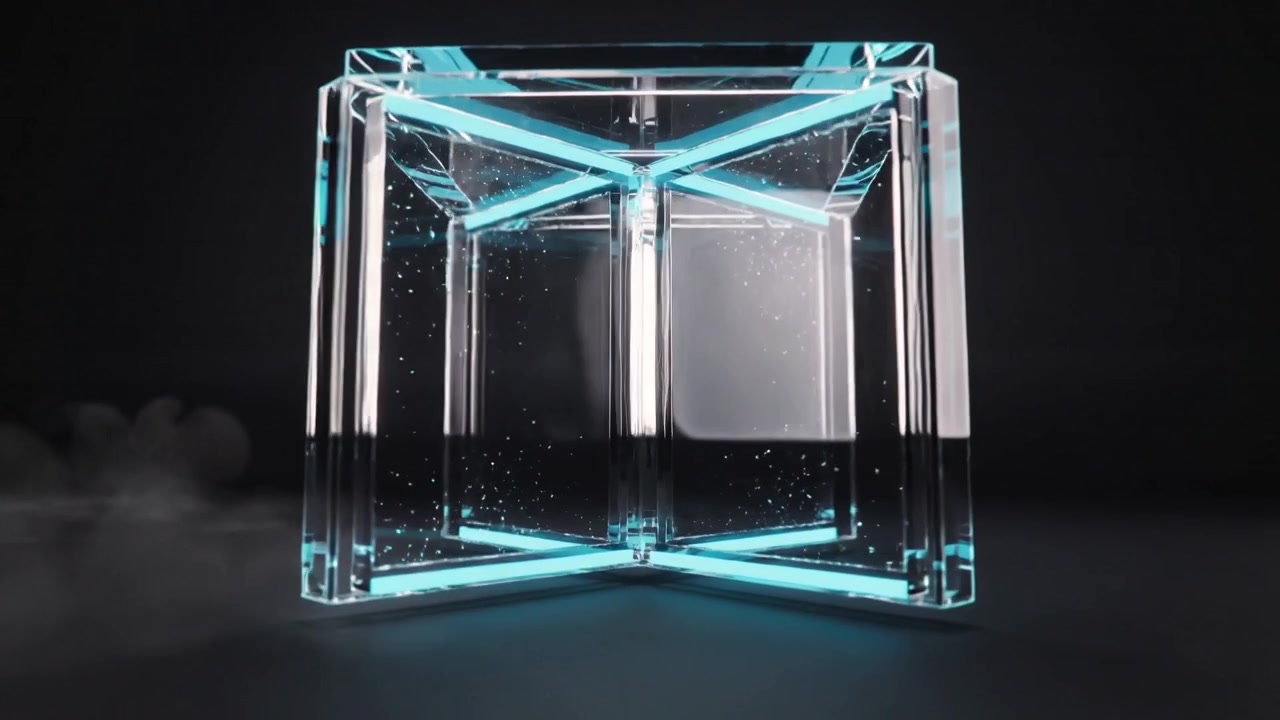 Panning camera showing glass cube rotating on dark set floor, revealing cyan-lit inner cross beams