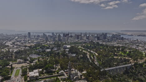 san diego california aerial v71 panoramic flyover balboa park includes museums, gardens, cabrillo bridge with downtown cityscape and airport airfield views - shot with mavic 3 cine - september 2022