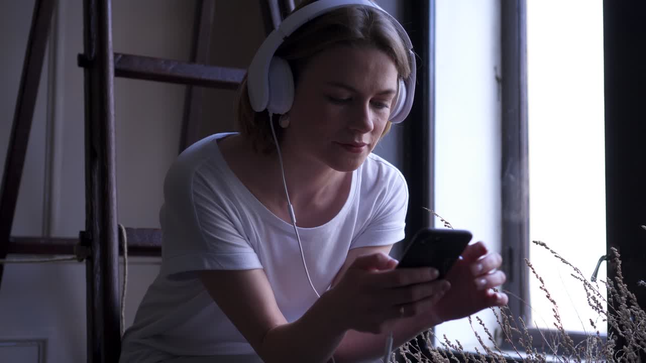 chica con auriculares usando el teléfono mientras está sentada cerca de la ventana