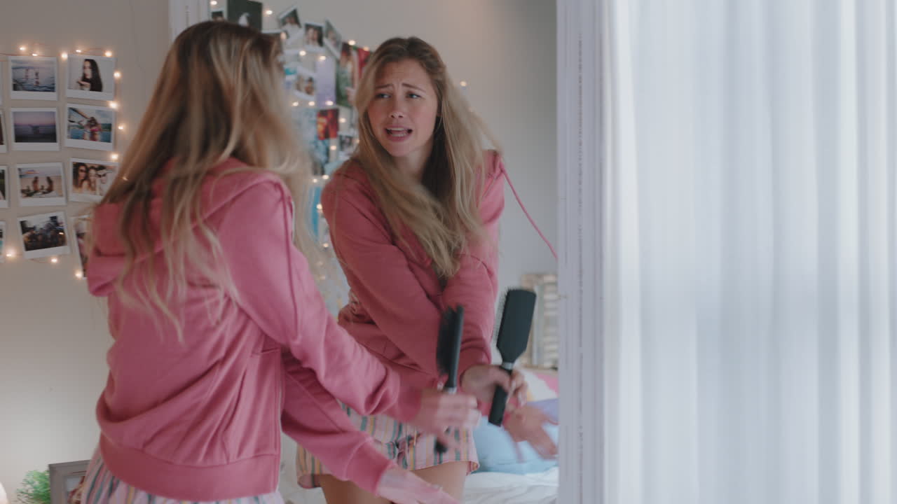 uma adolescente feliz a dançar no quarto ao som da música a celebrar o fim-de-semana a divertir-se a cantar em pijama em casa