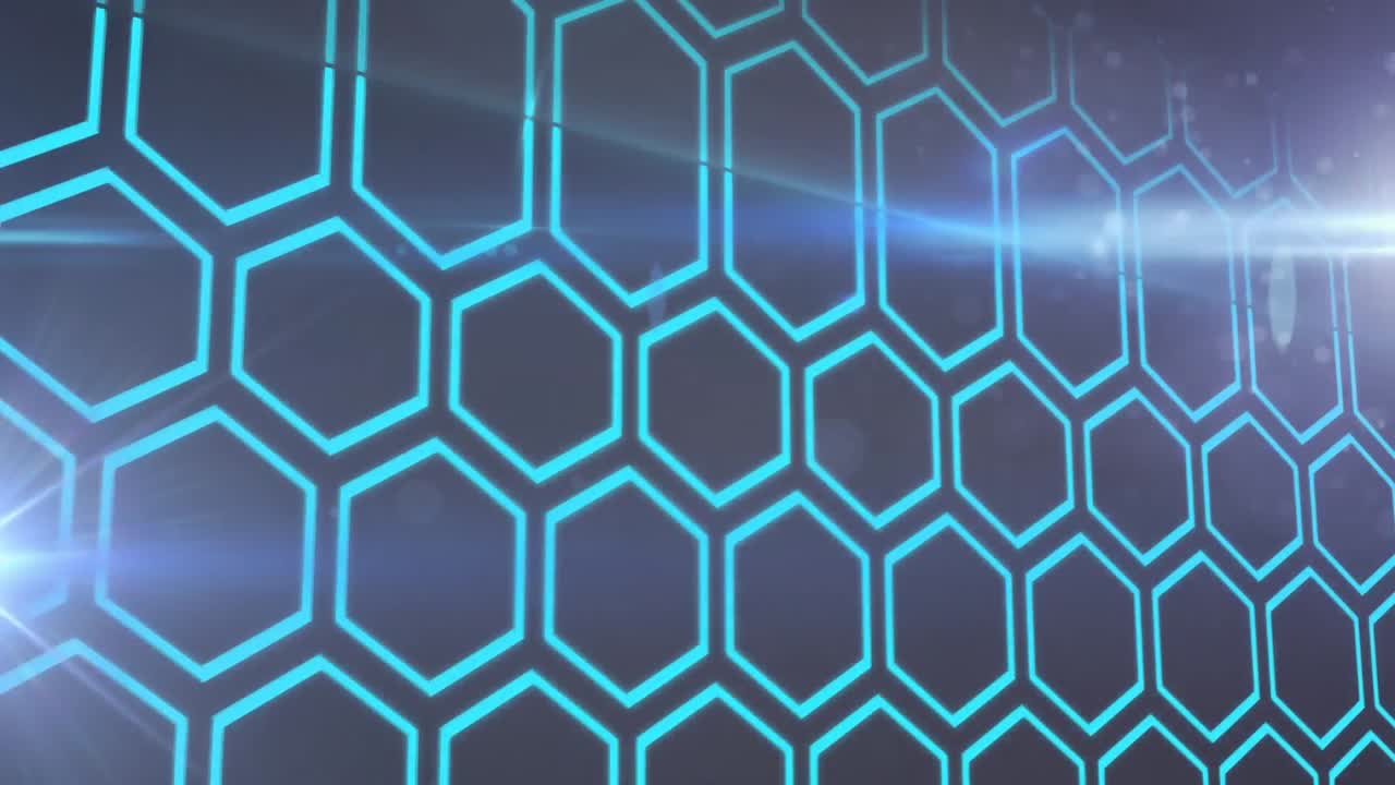 검은 바탕에 빛의 반점에 대한 육각형 모양의 디지털 애니메이션