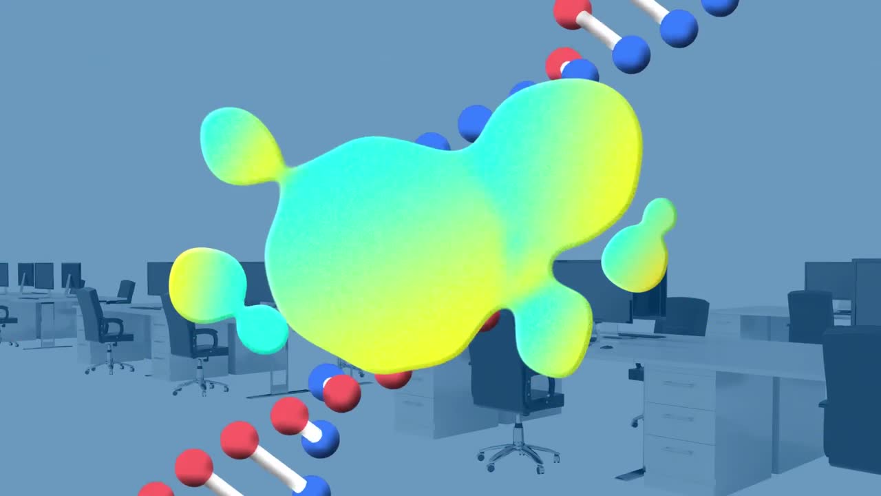 빛나는  ⁇ 어리와 빈 사무실 위에서 회전하는 dna 줄기의 애니메이션