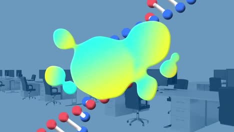 Animation-Eines-Leuchtenden-Kleckses-Und-Eines-DNA-Strangs,-Der-Sich-über-Einem-Leeren-Büro-Dreht