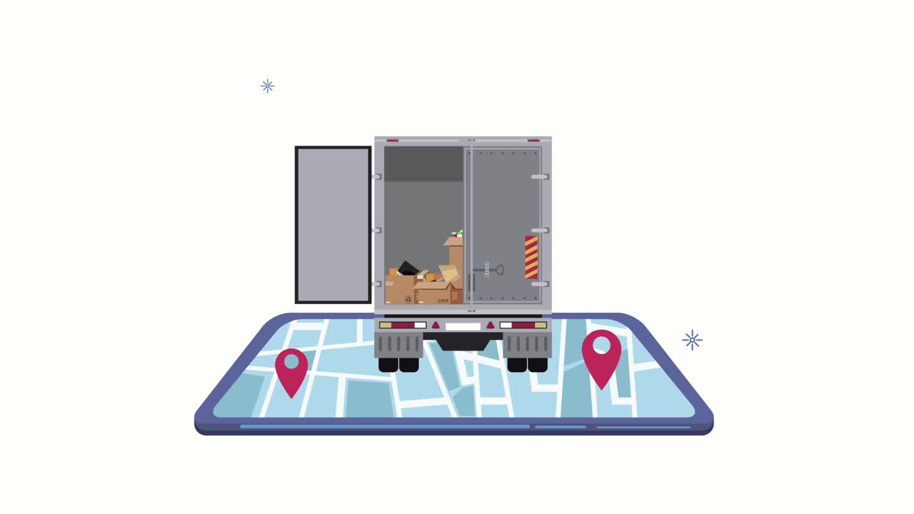 스마트 폰에서 열려있는 트럭과 함께 물류 서비스 애니메이션