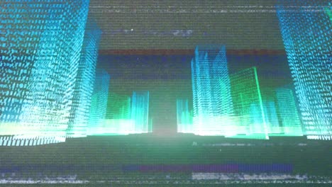 Animation-of-vhs-glitch-effect-over-3d-city-model-against-grey-background