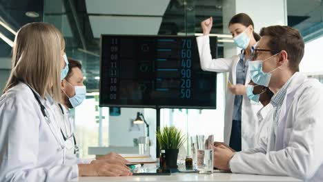 Doctors-team-in-medical-masks-giving-high-five-satisfied-with-results-of-treatment-during-coronavirus-pandemic-while-observing-a-screen-with-charts-in-hospital-office
